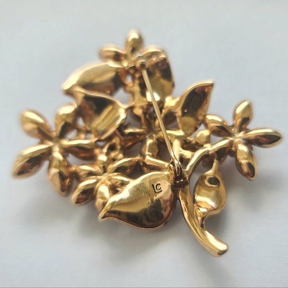LC Flowers and Leaves with Gems Accents Brooch Gold Tone - Picture 4 of 6